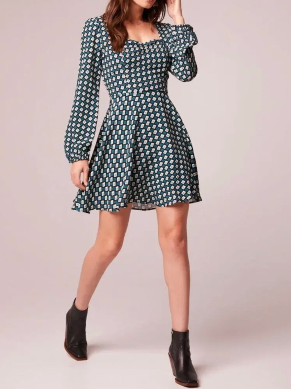 NWT•  Band of the Free • Black Teal Diamond Long Sleeve Mini Dress